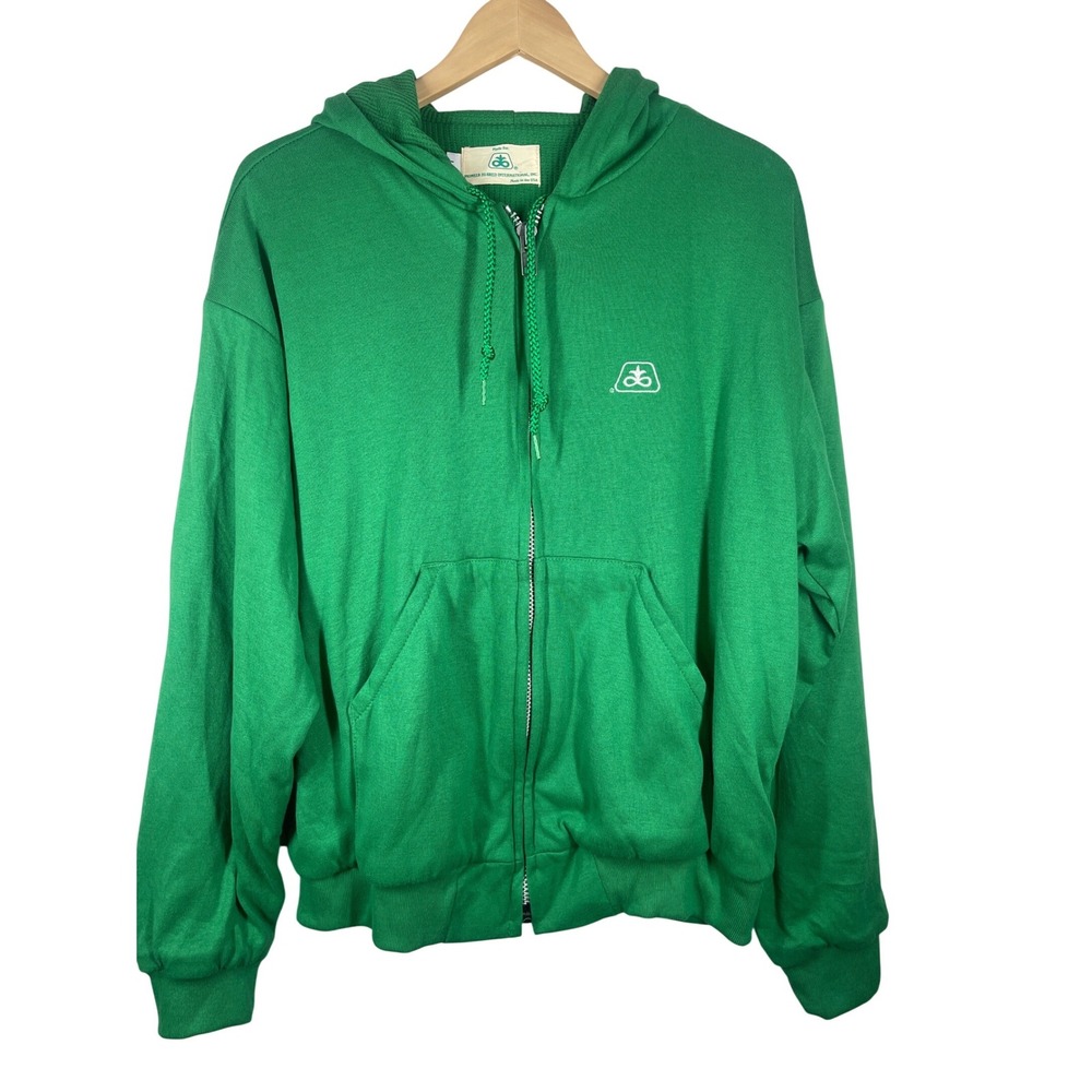 Vintage Pioneer Hi-Bred International Green Zip Up Hoodie Mens XL Made in USA